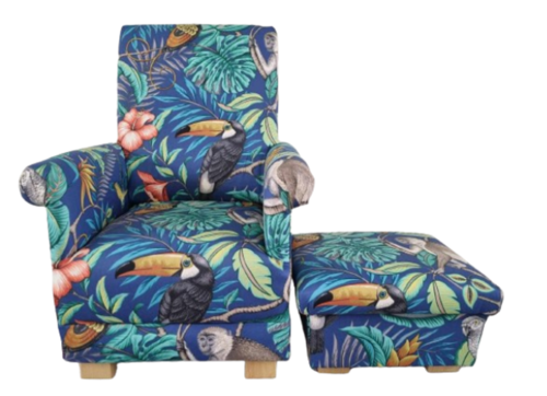 Adult Chair & Footstool iLiv Rainforest Fabric Jungle Animals Armchair Nursery Monkeys Blue Small